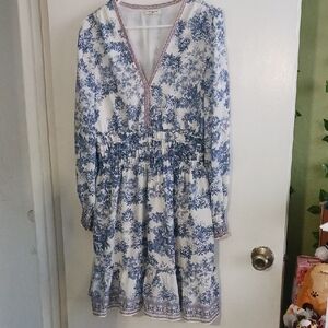 Max Studio White And BLUE TOILE STYLE DRESS with Blue and Orange Trim